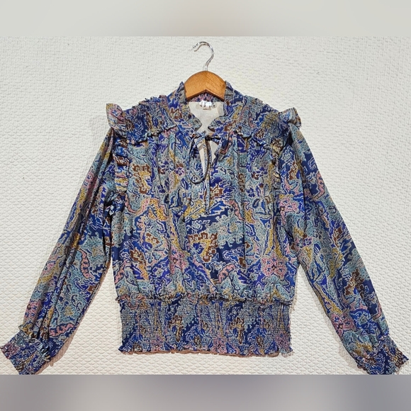 Elan Tops - Elan Blue & Cream Patterned Design Long Sleeve Blouse Size M